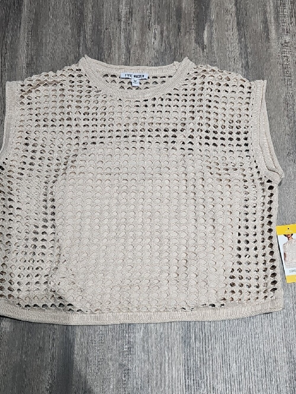 Steve Madden Cream Open-Weave Crochet Short Sleeve Top